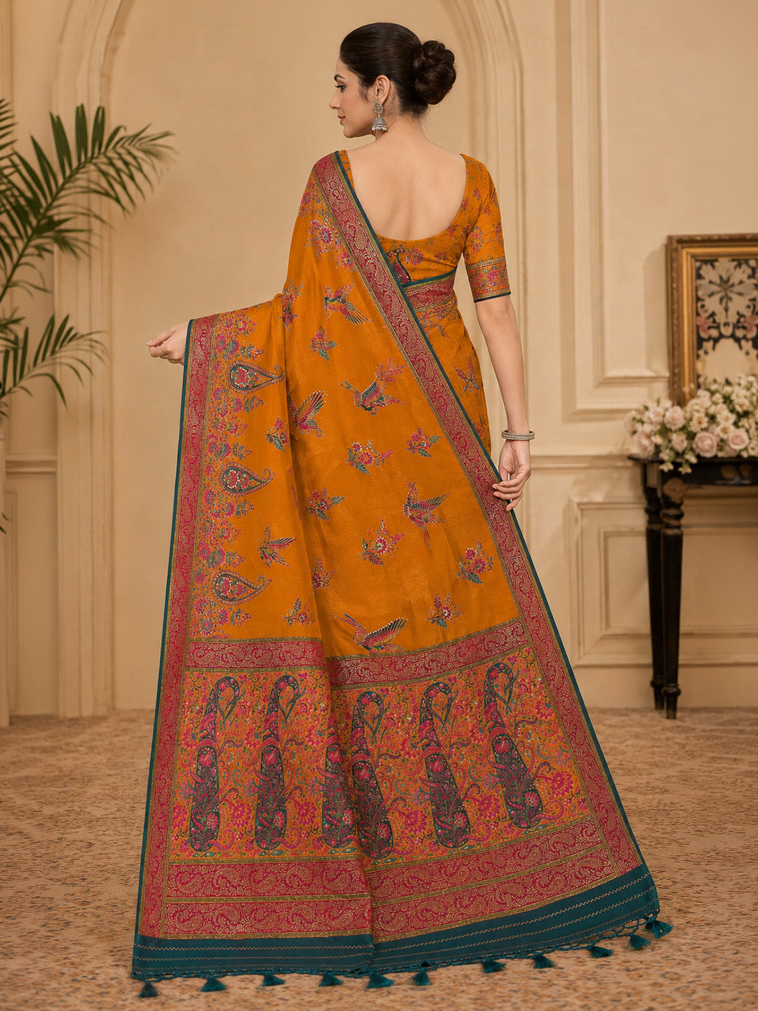 Mustard Embroidered Art Silk Saree