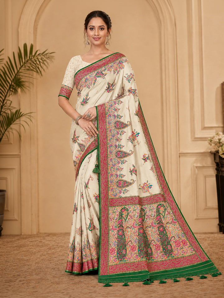 Off White Embroidered Art Silk Saree