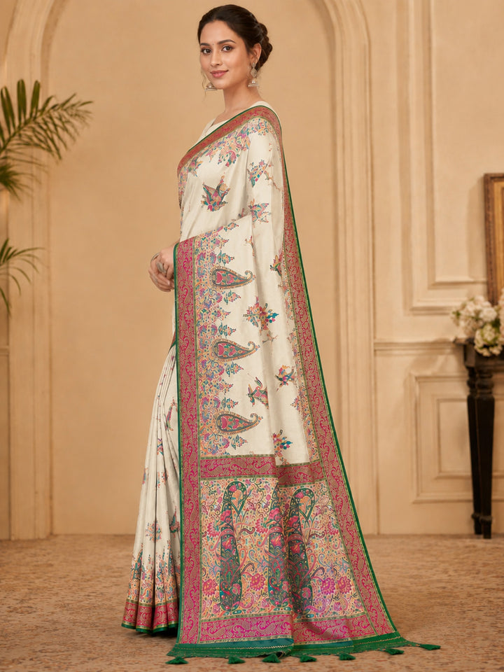 Off White Embroidered Art Silk Saree