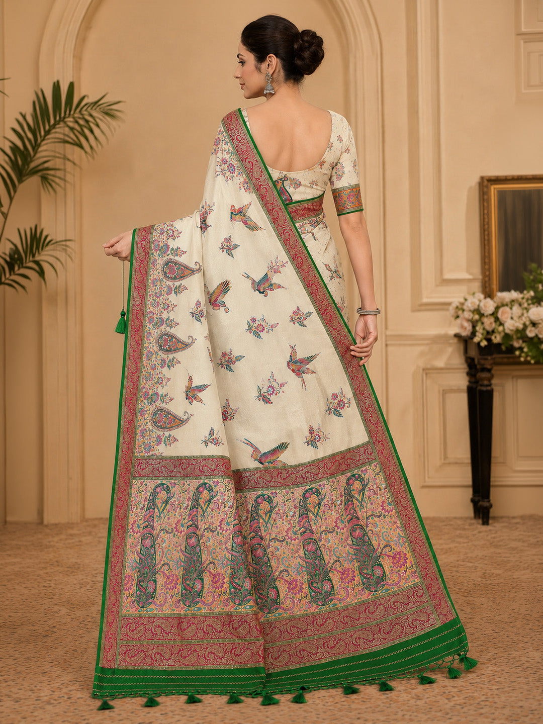 Off White Embroidered Art Silk Saree