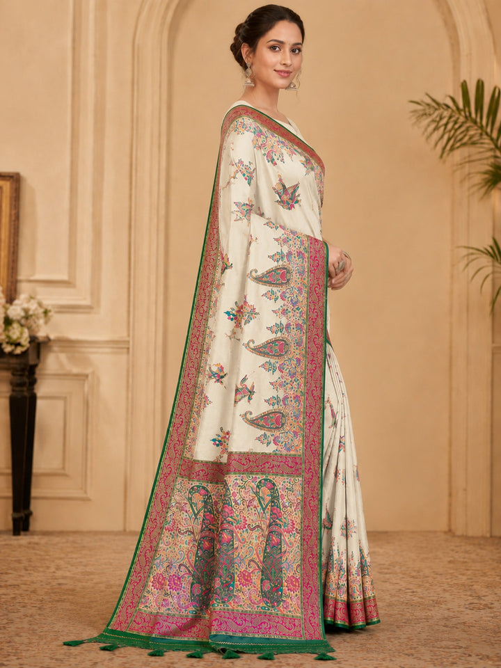 Off White Embroidered Art Silk Saree