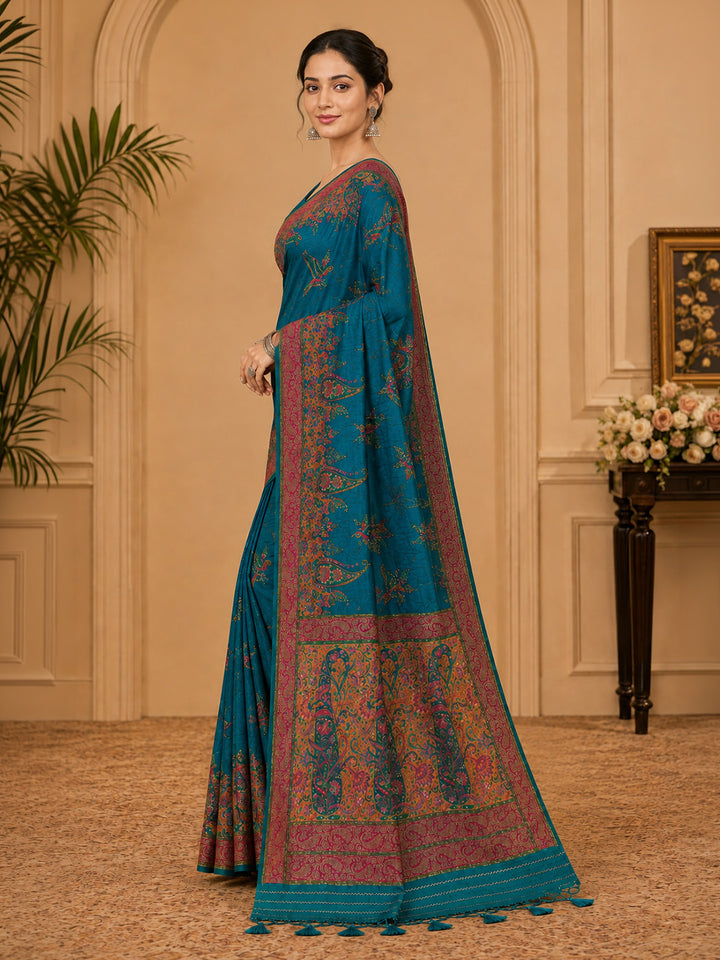 Peacock Blue Embroidered Art Silk Saree
