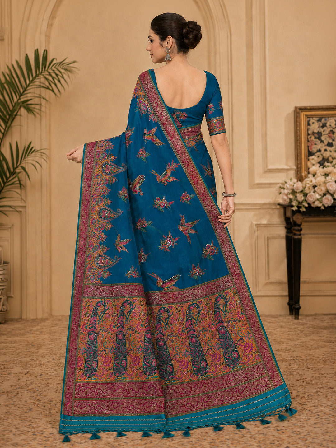 Peacock Blue Embroidered Art Silk Saree