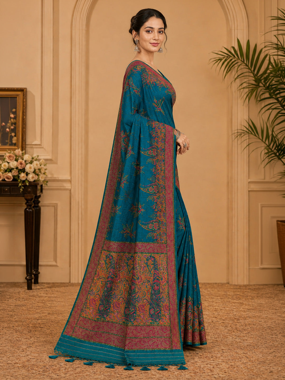 Peacock Blue Embroidered Art Silk Saree