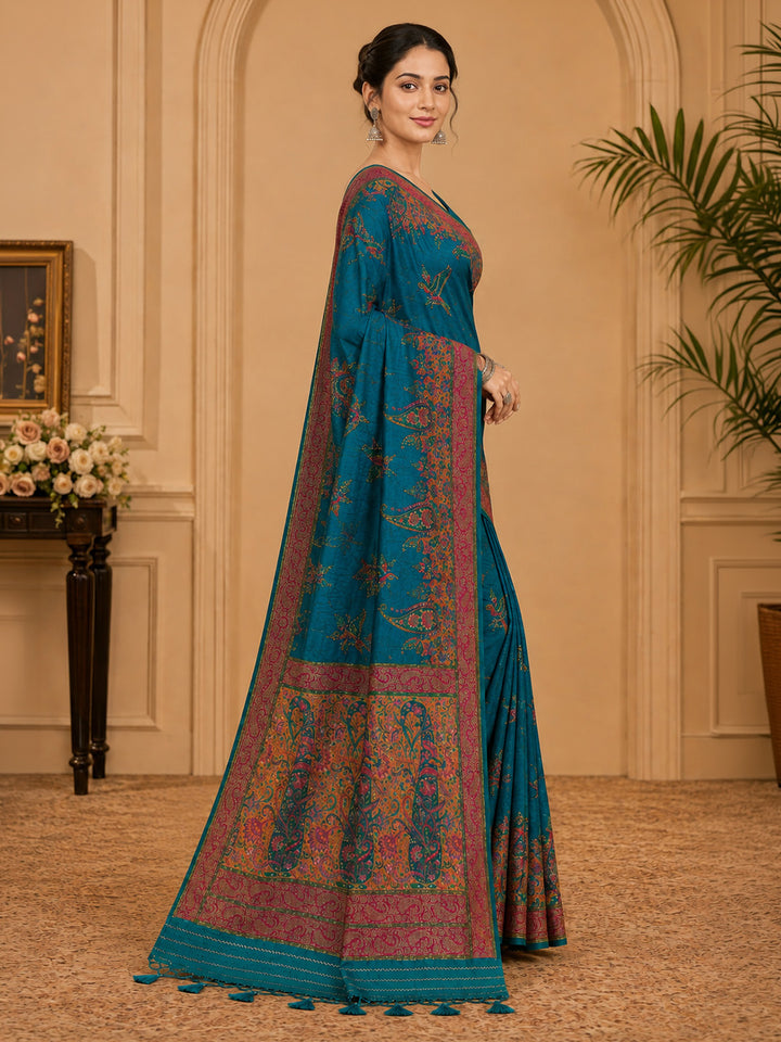 Peacock Blue Embroidered Art Silk Saree
