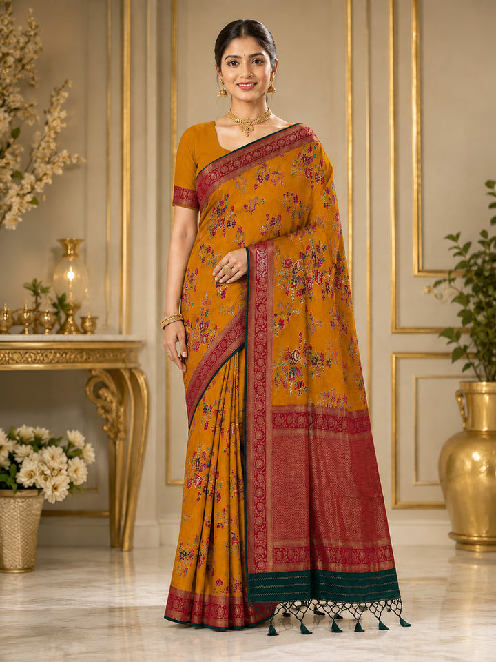 Mustard Embroidered Art Silk Saree