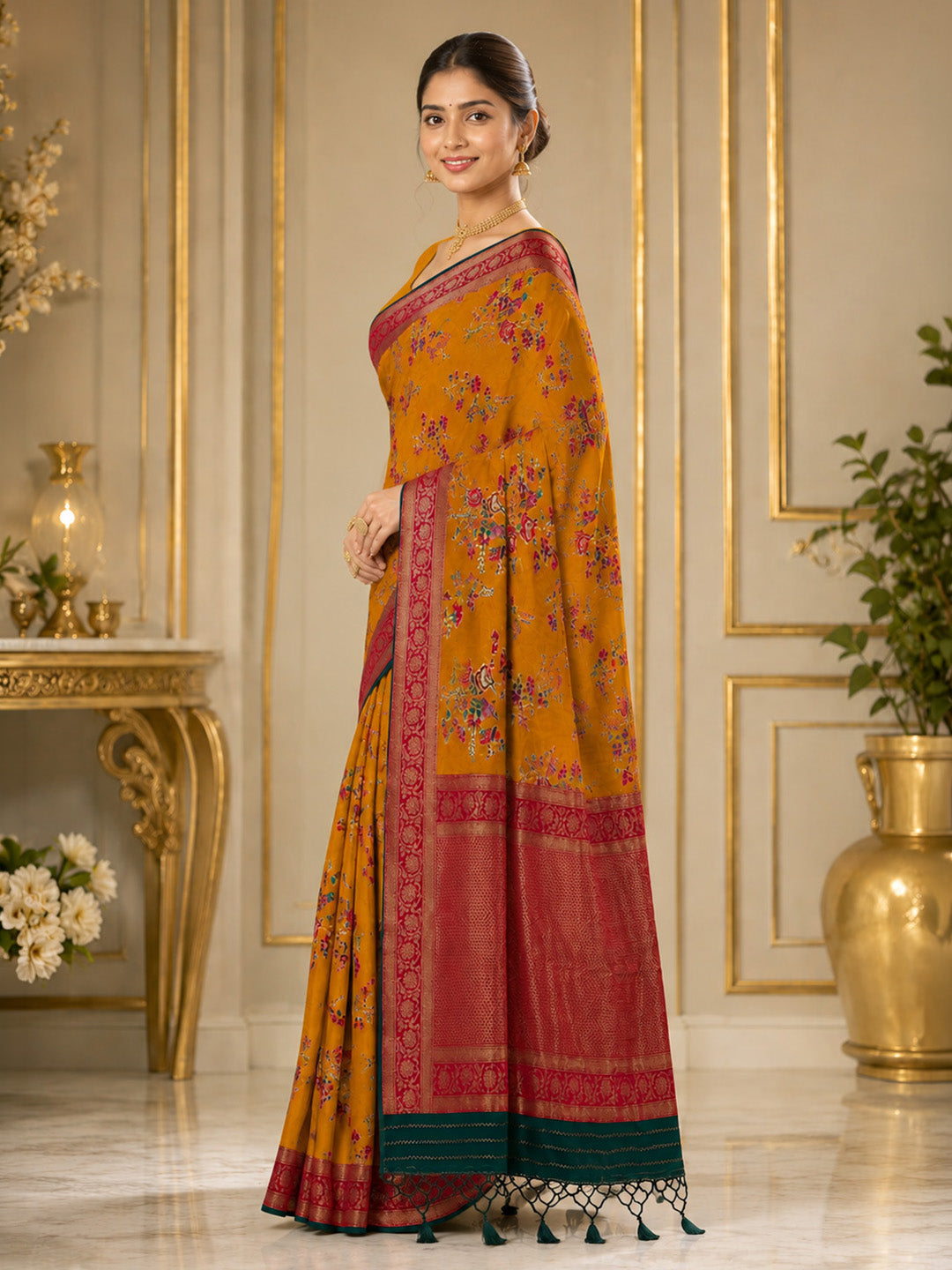 Mustard Embroidered Art Silk Saree