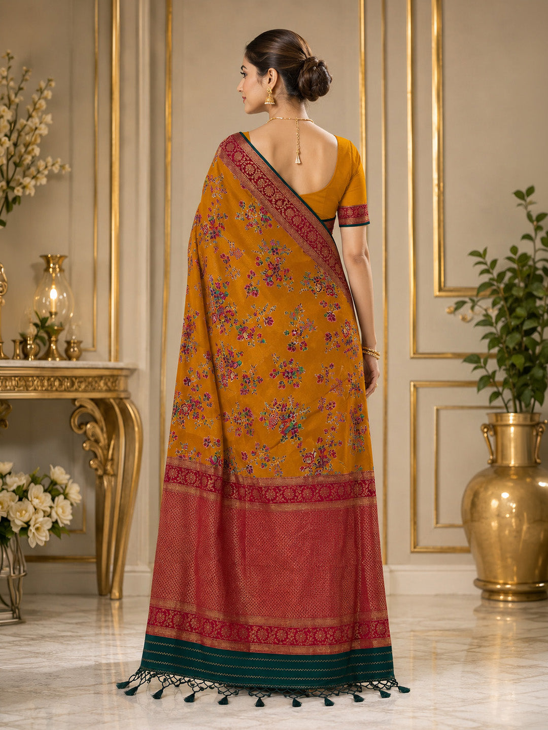 Mustard Embroidered Art Silk Saree
