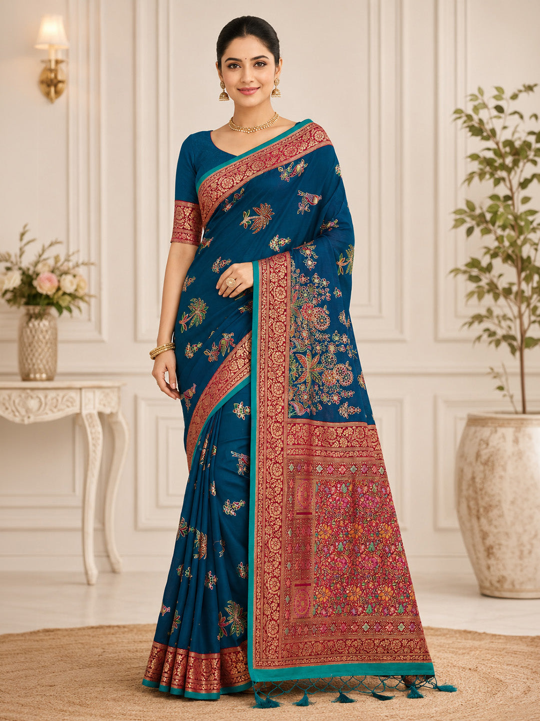 Peacock Blue Embroidered Art Silk Saree