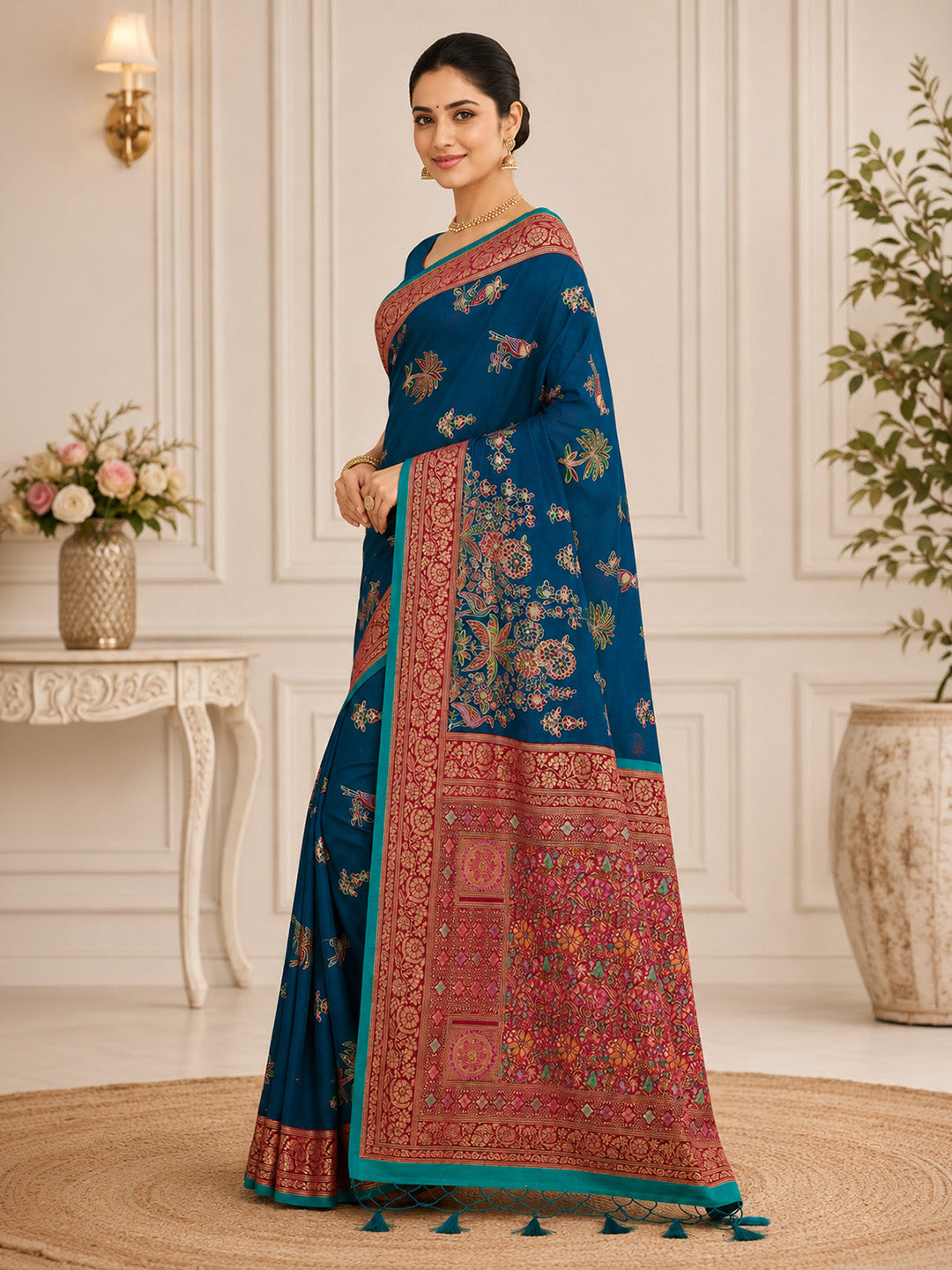 Peacock Blue Embroidered Art Silk Saree