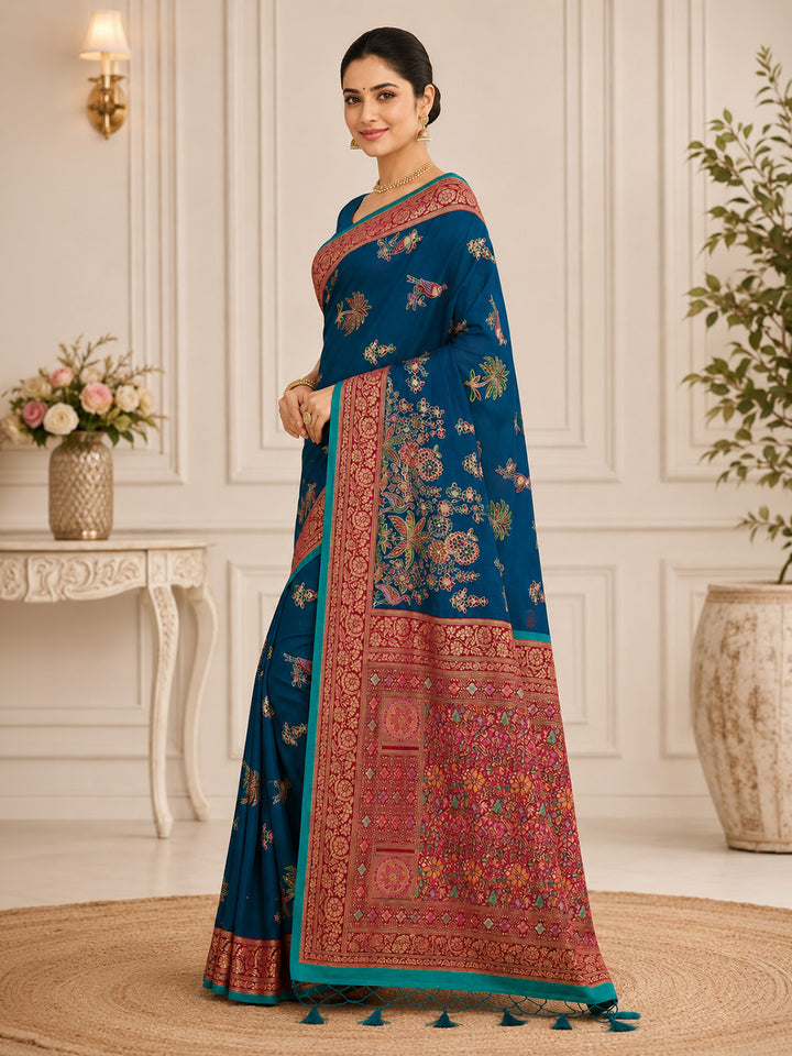 Peacock Blue Embroidered Art Silk Saree