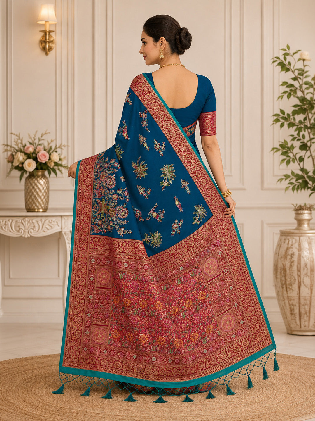 Peacock Blue Embroidered Art Silk Saree