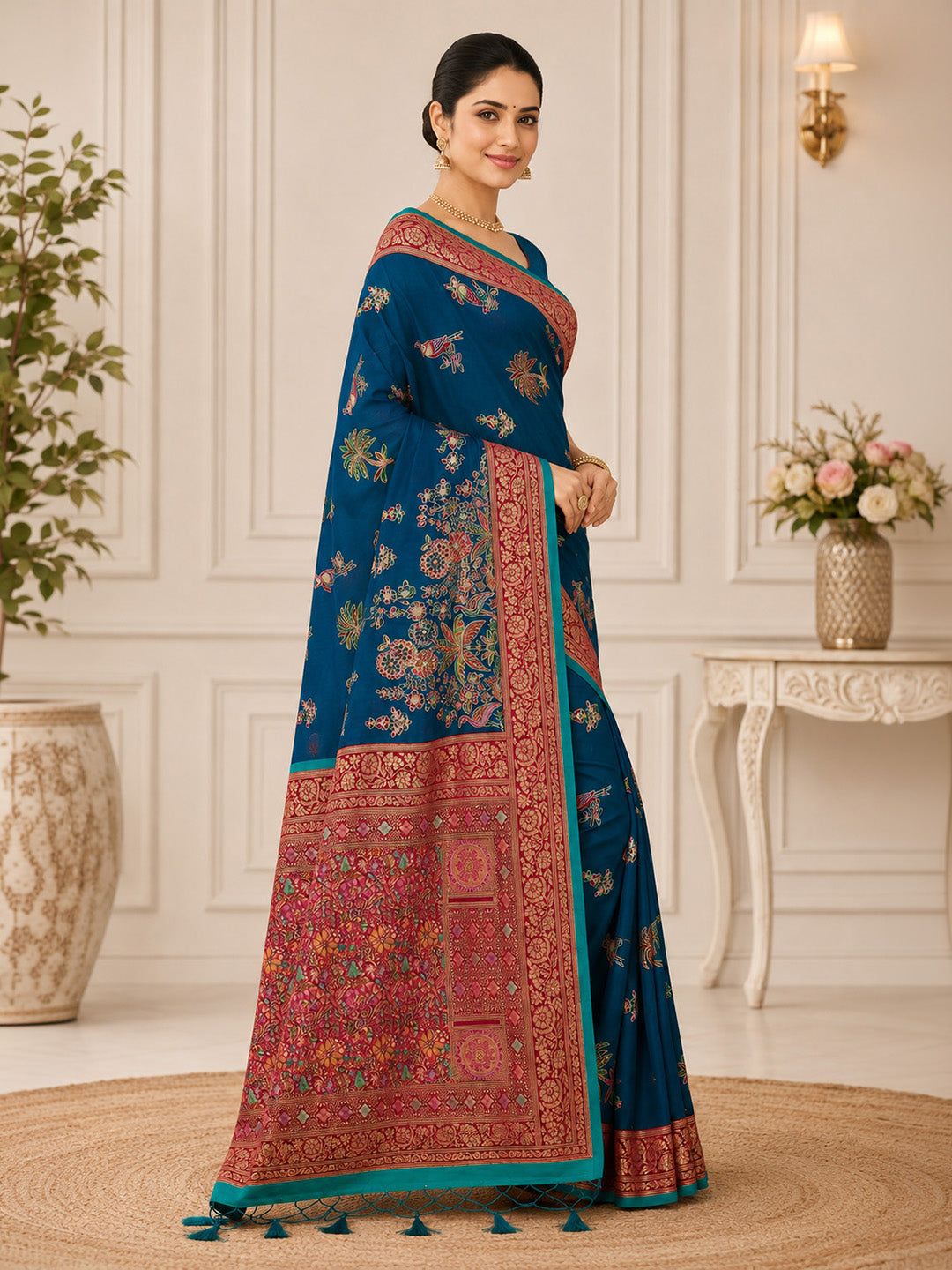 Peacock Blue Embroidered Art Silk Saree