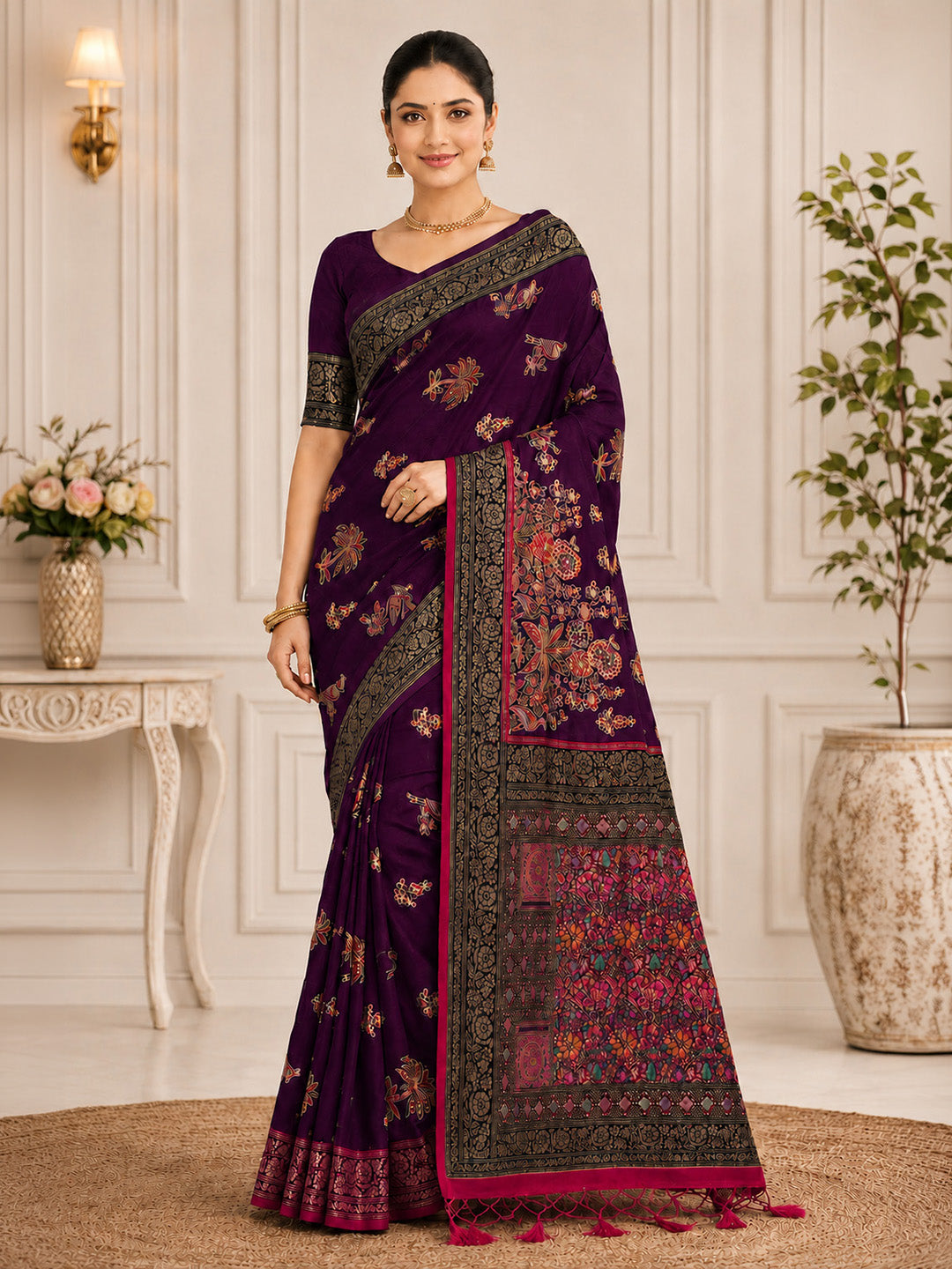 Wine Embroidered Art Silk Saree