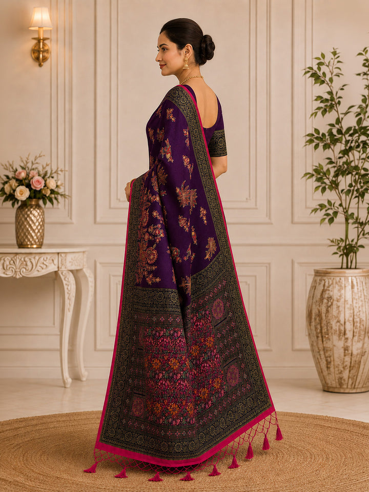 Wine Embroidered Art Silk Saree