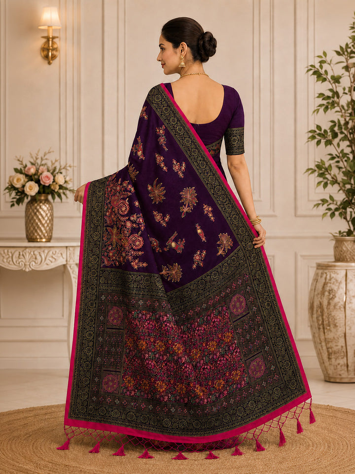 Wine Embroidered Art Silk Saree