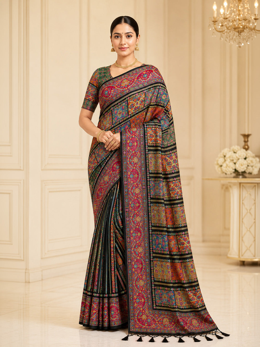 Black Printed Art Silk Saree