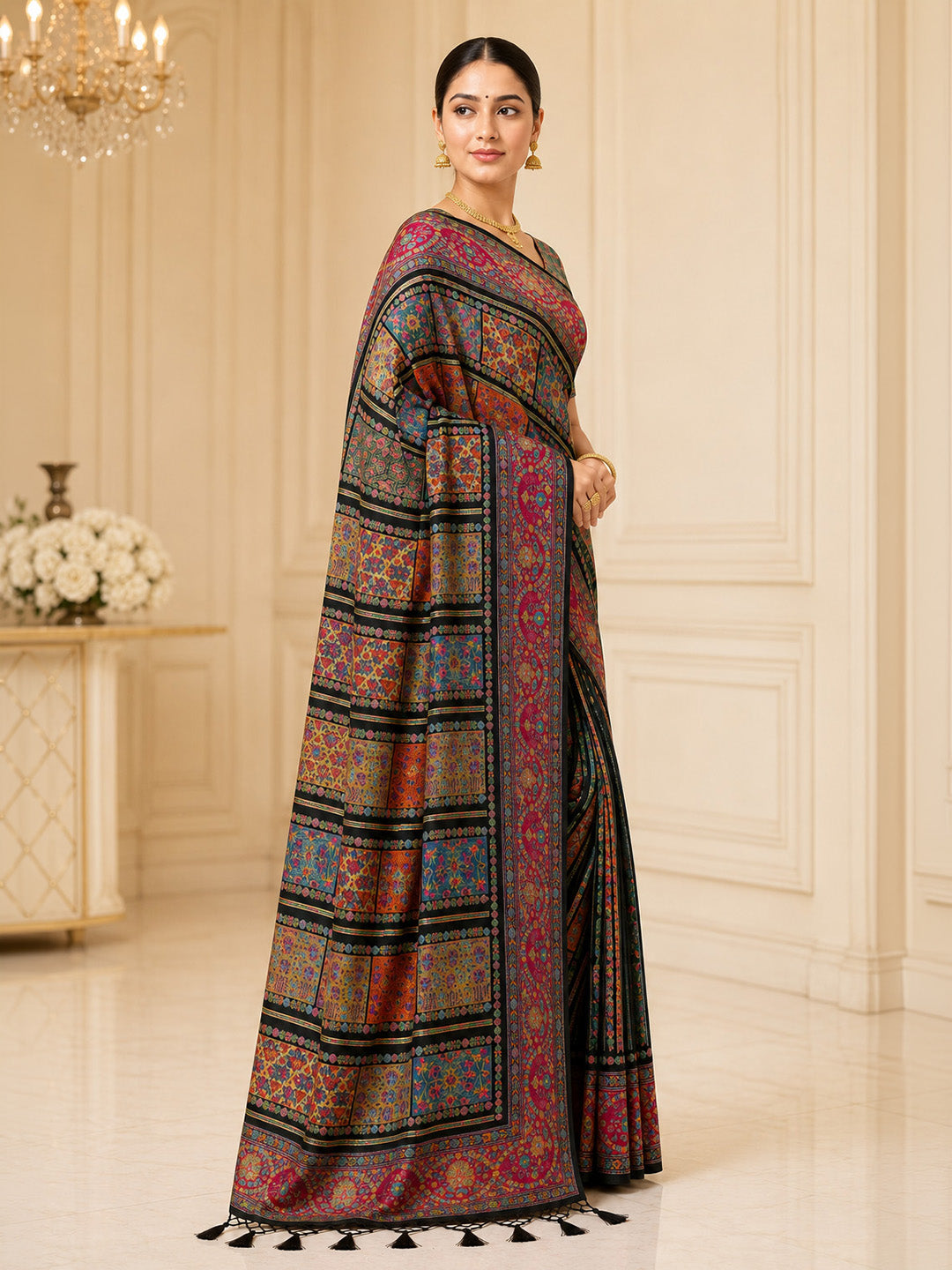 Black Printed Art Silk Saree