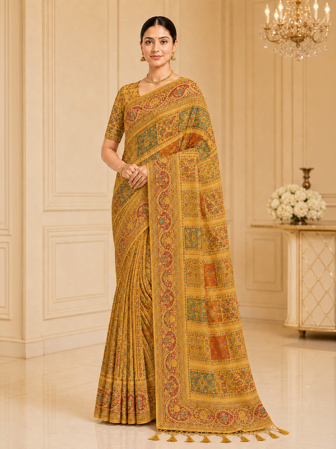 Mustard Printed Art Silk Saree