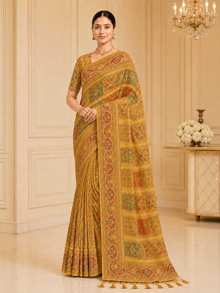 Mustard Printed Art Silk Saree