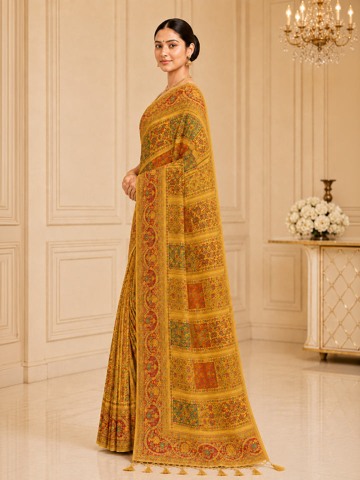 Mustard Printed Art Silk Saree