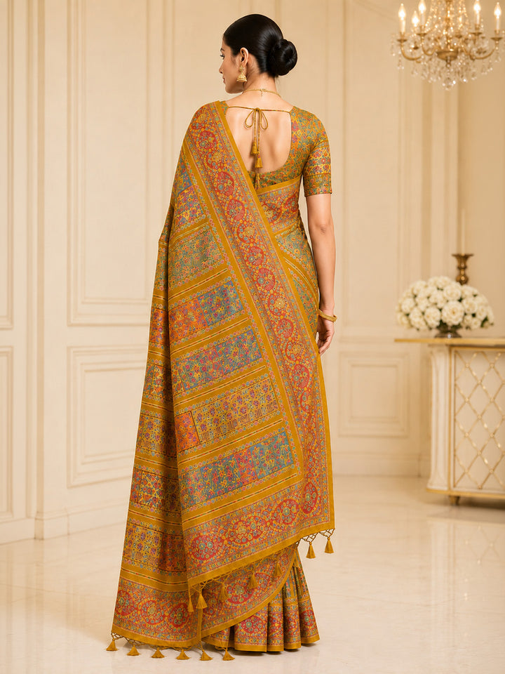 Mustard Printed Art Silk Saree