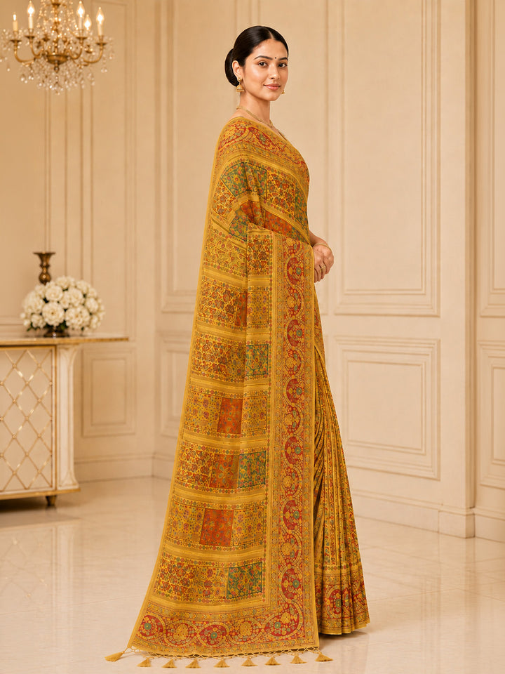 Mustard Printed Art Silk Saree