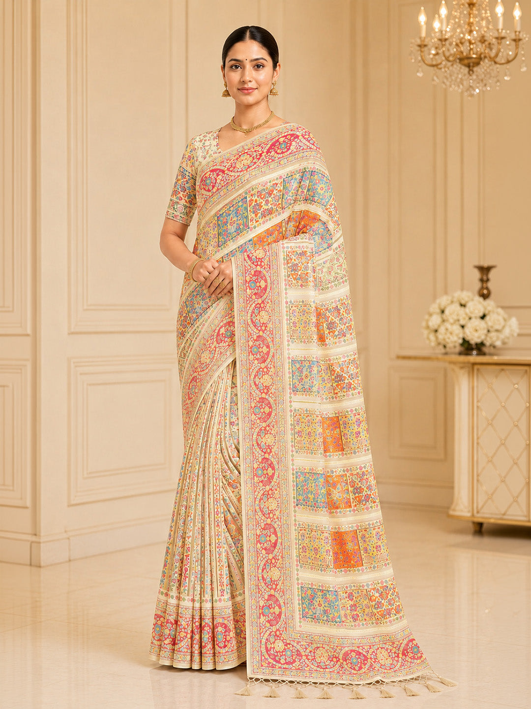 Off White Printed Art Silk Saree