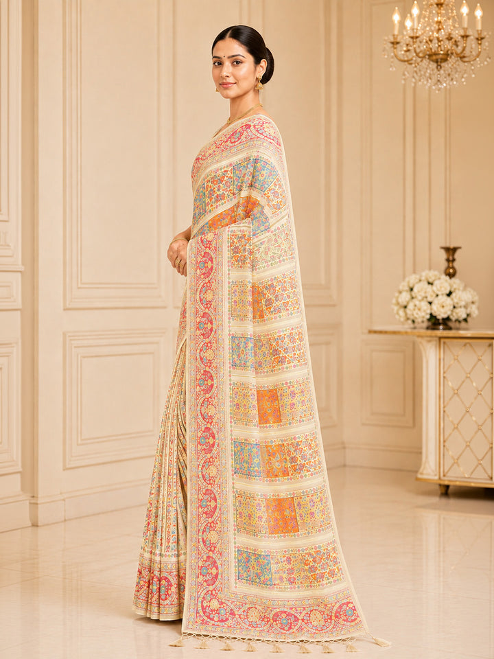 Off White Printed Art Silk Saree