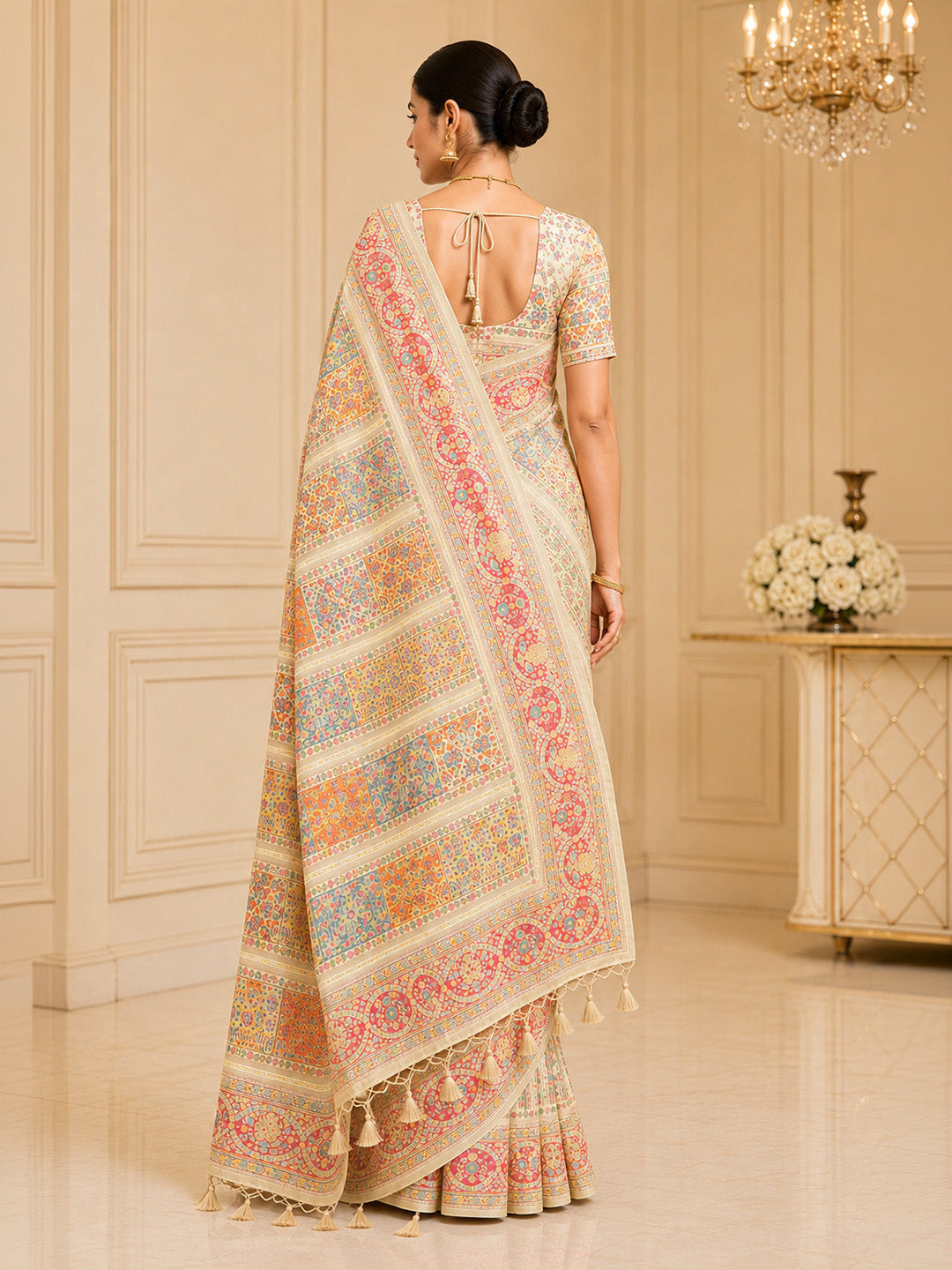 Off White Printed Art Silk Saree