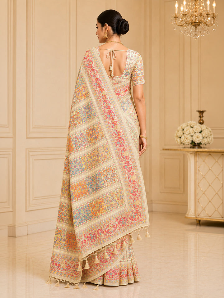Off White Printed Art Silk Saree