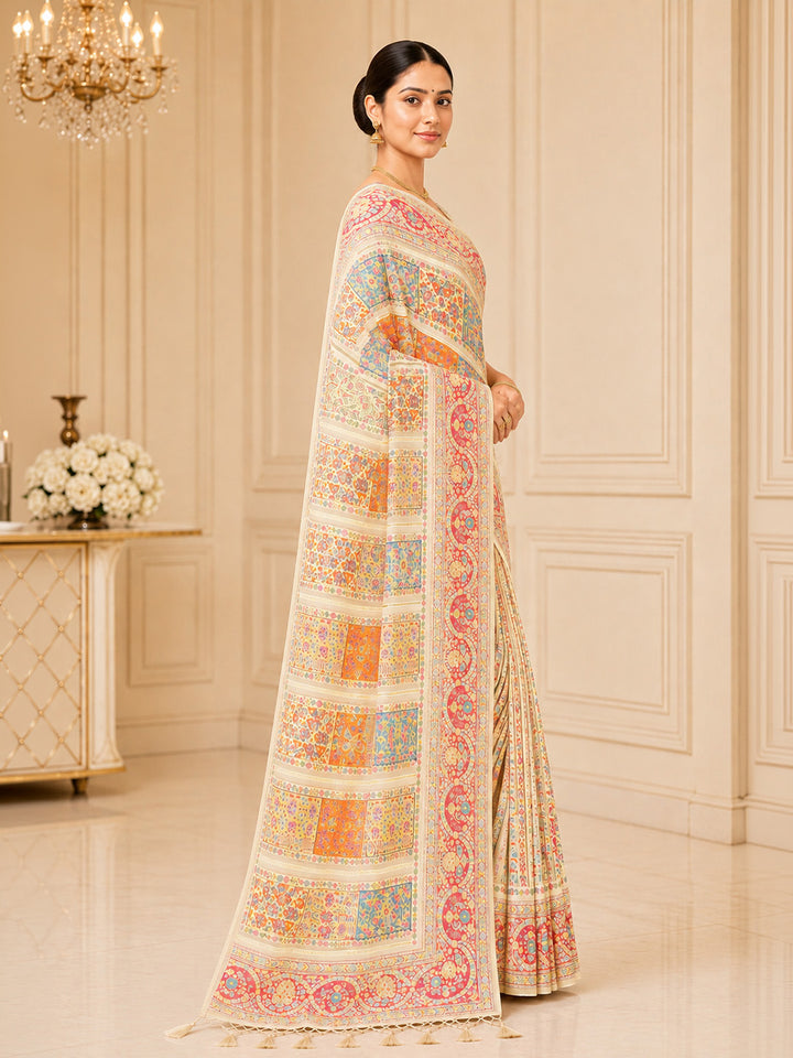 Off White Printed Art Silk Saree