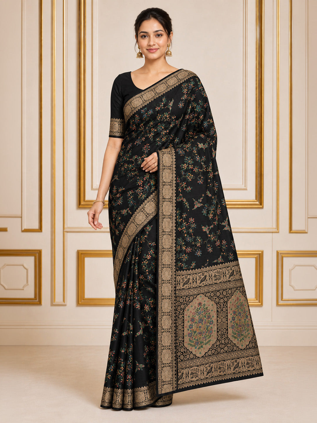 Black Embroidered Art Silk Saree