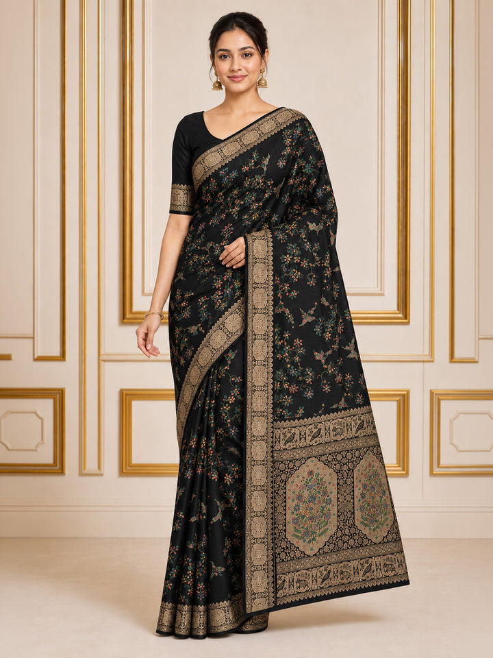 Black Embroidered Art Silk Saree