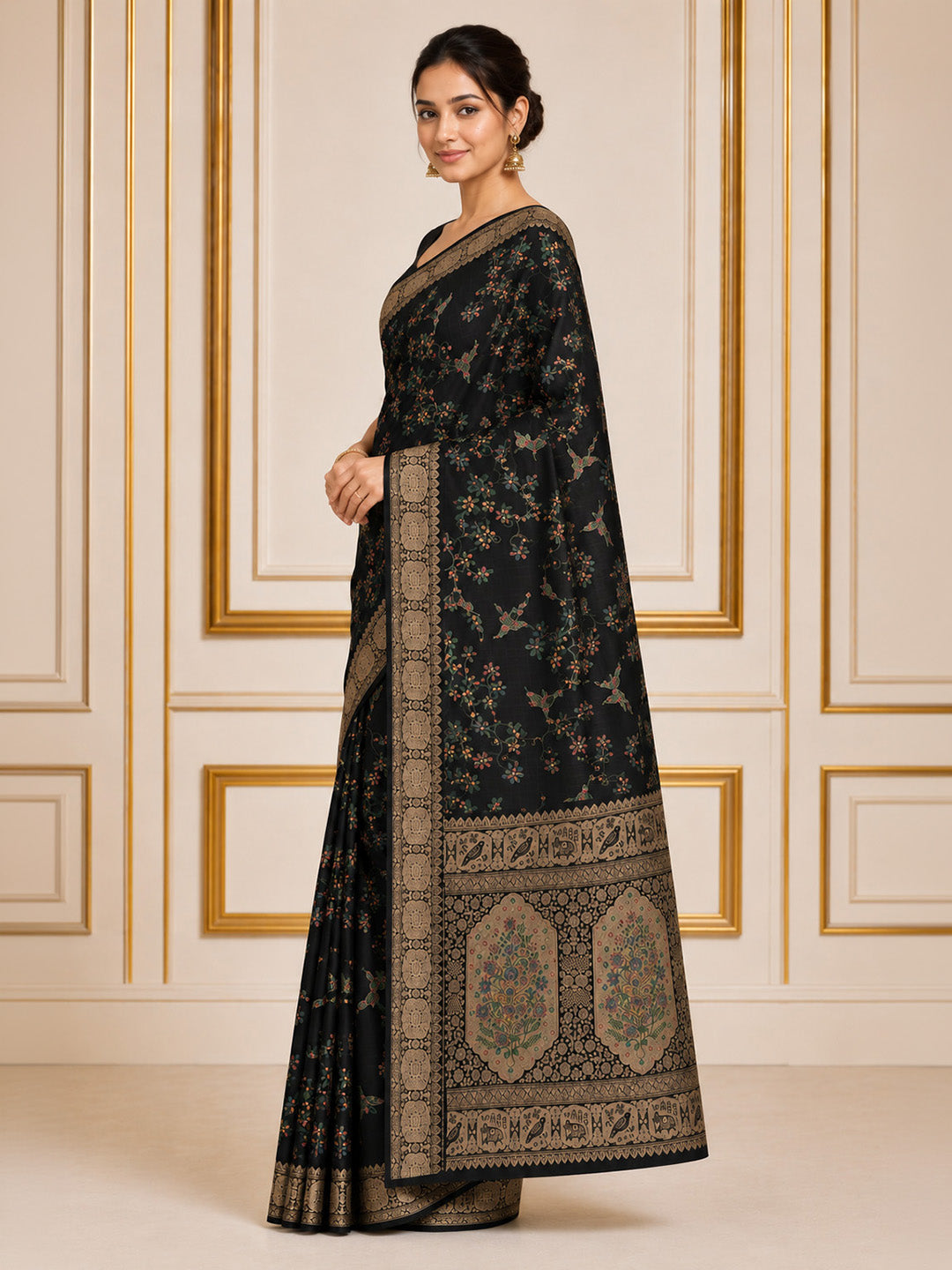 Black Embroidered Art Silk Saree