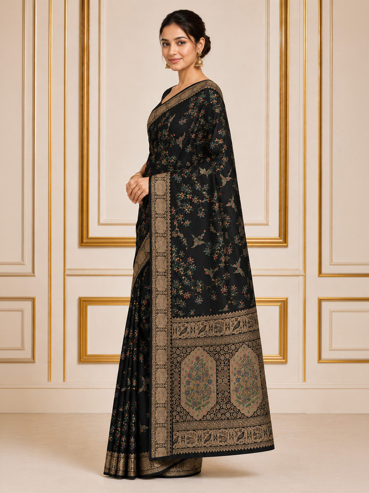 Black Embroidered Art Silk Saree