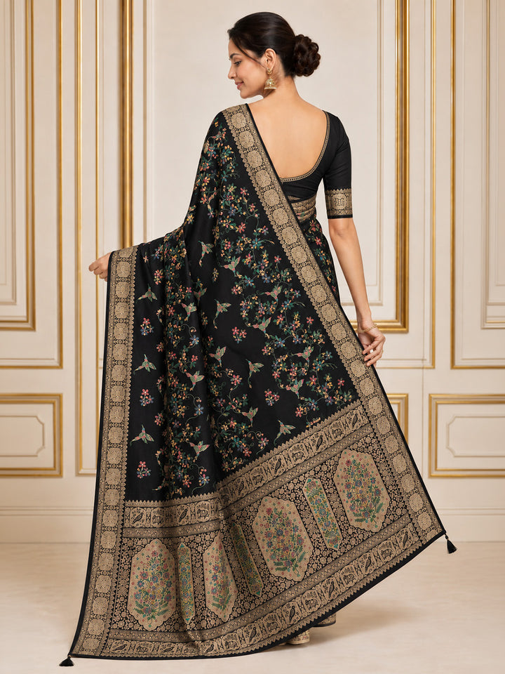 Black Embroidered Art Silk Saree