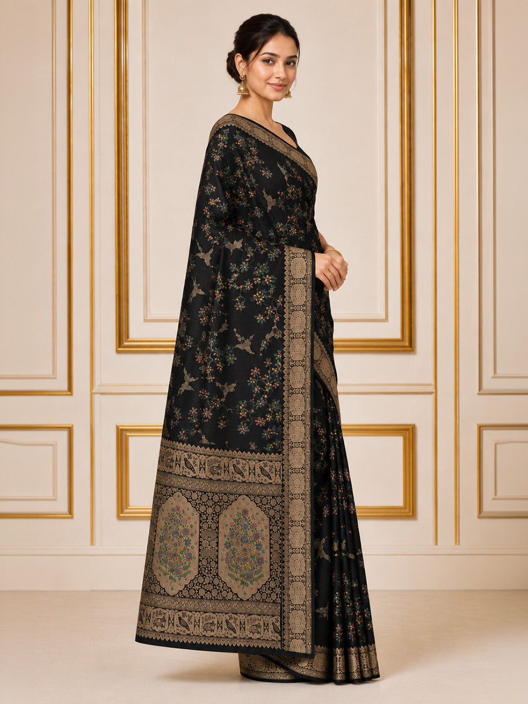 Black Embroidered Art Silk Saree