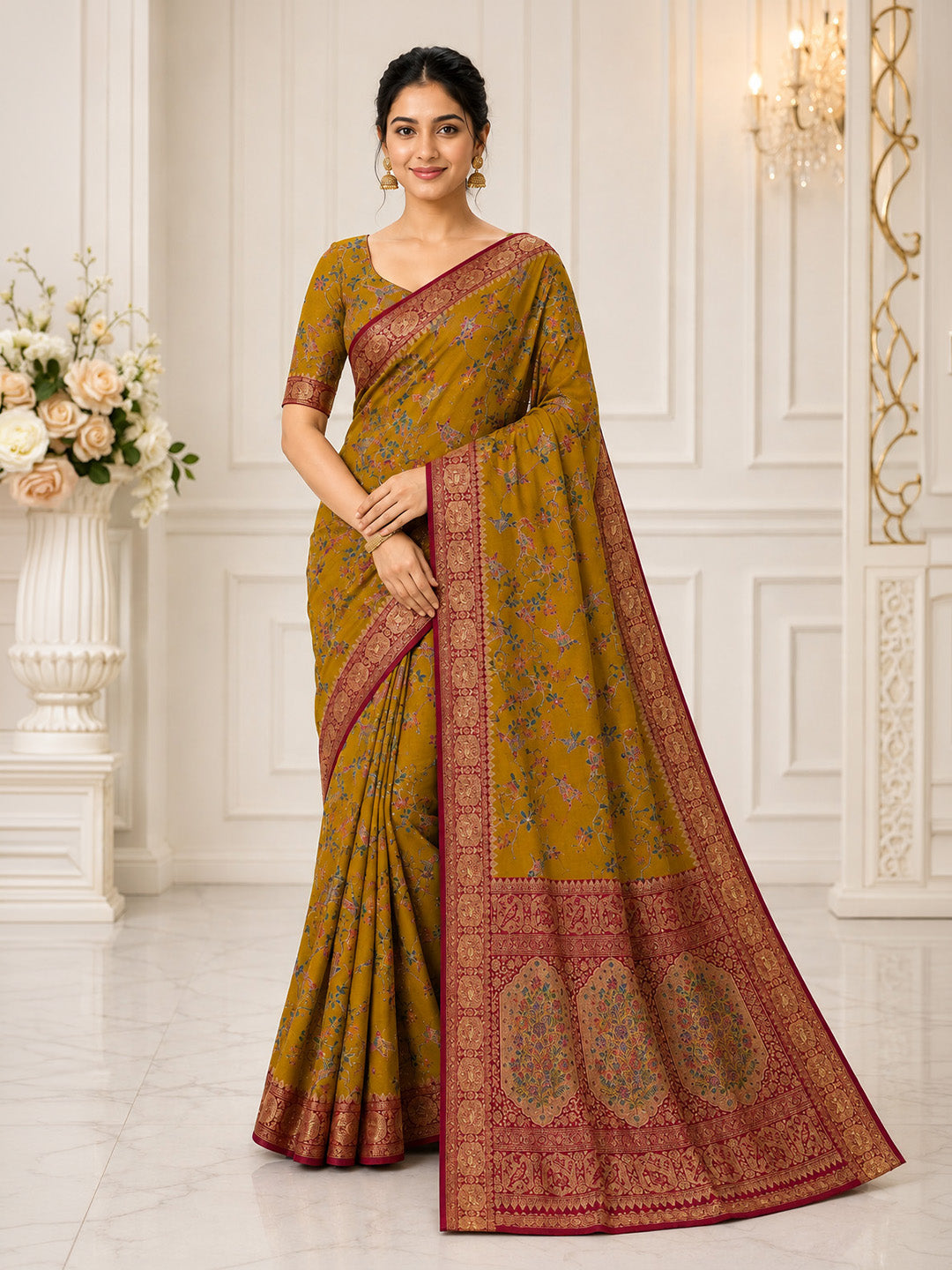 Mustard Embroidered Art Silk Saree