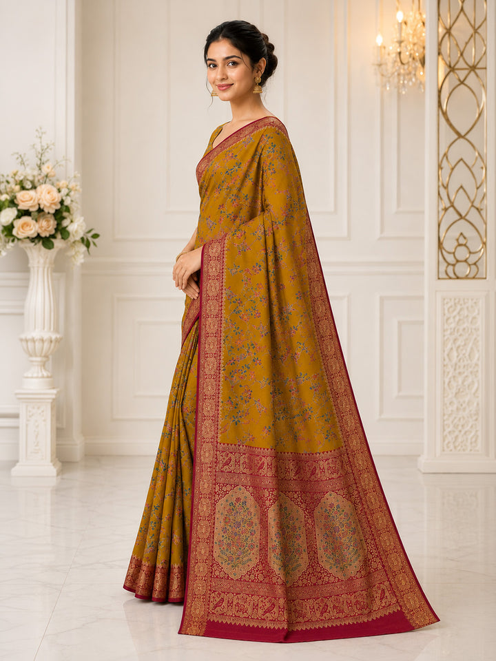 Mustard Embroidered Art Silk Saree