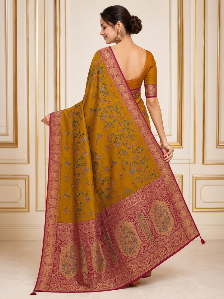 Mustard Embroidered Art Silk Saree