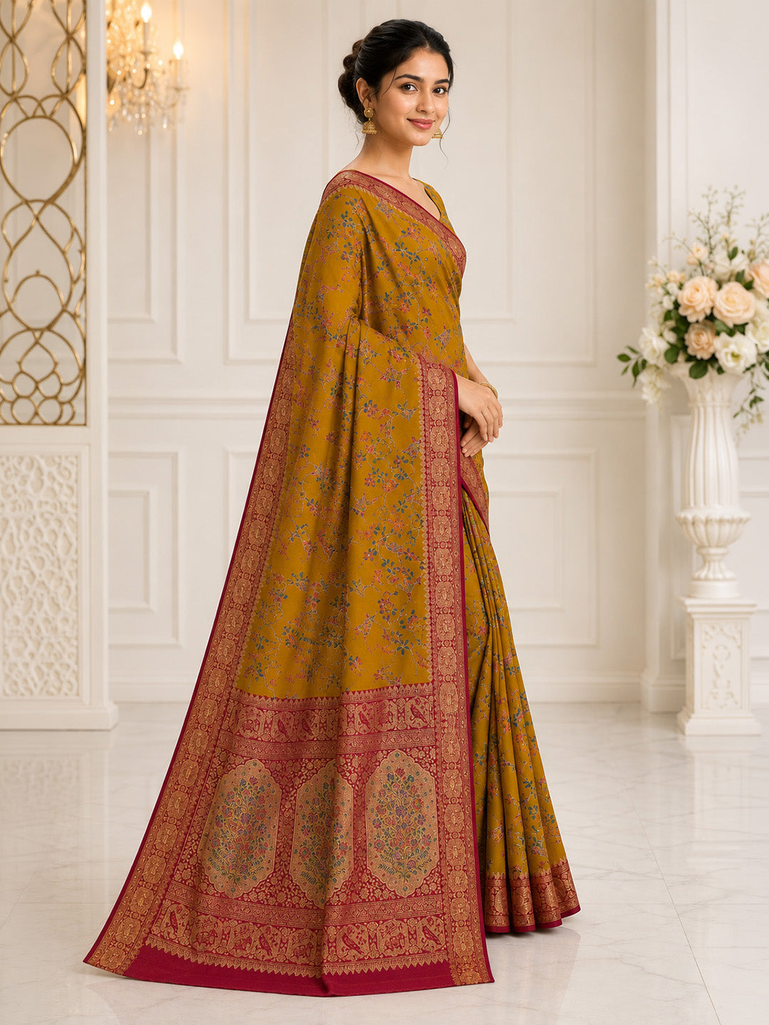 Mustard Embroidered Art Silk Saree