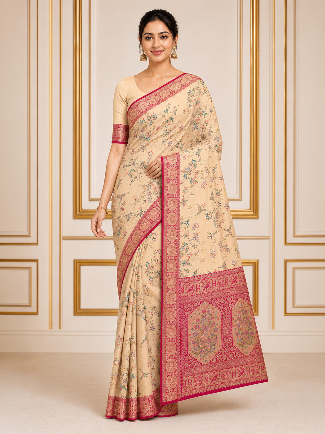 Off White Embroidered Art Silk Saree