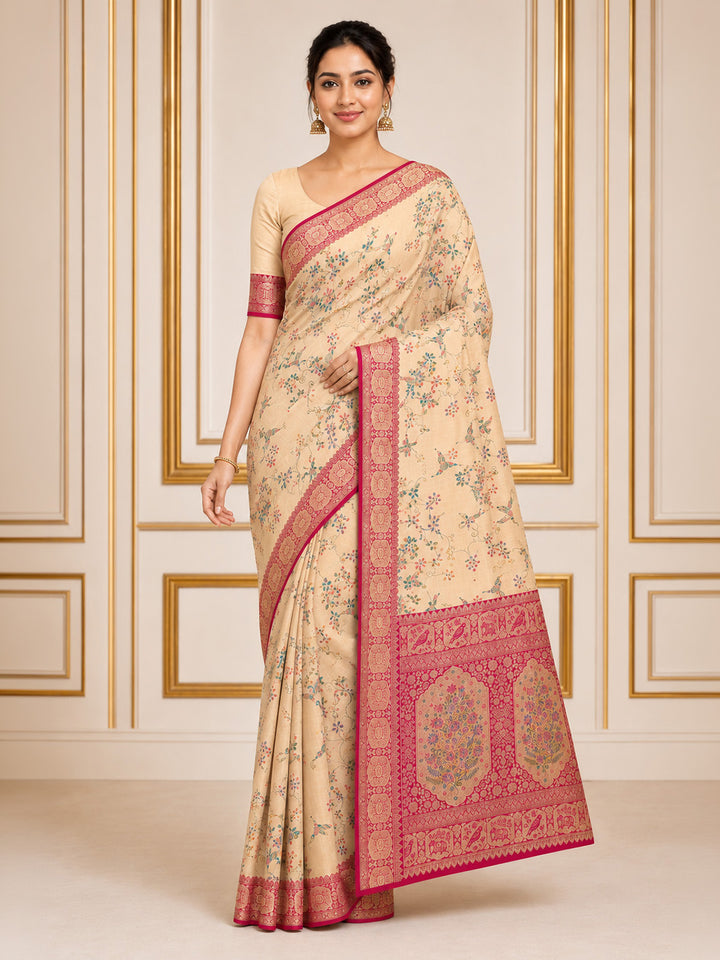 Off White Embroidered Art Silk Saree