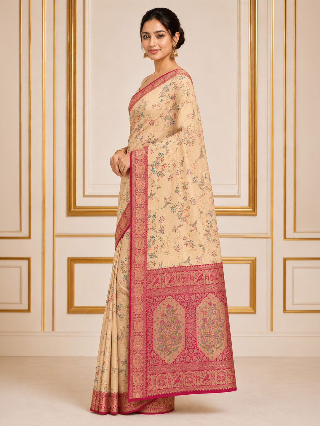 Off White Embroidered Art Silk Saree