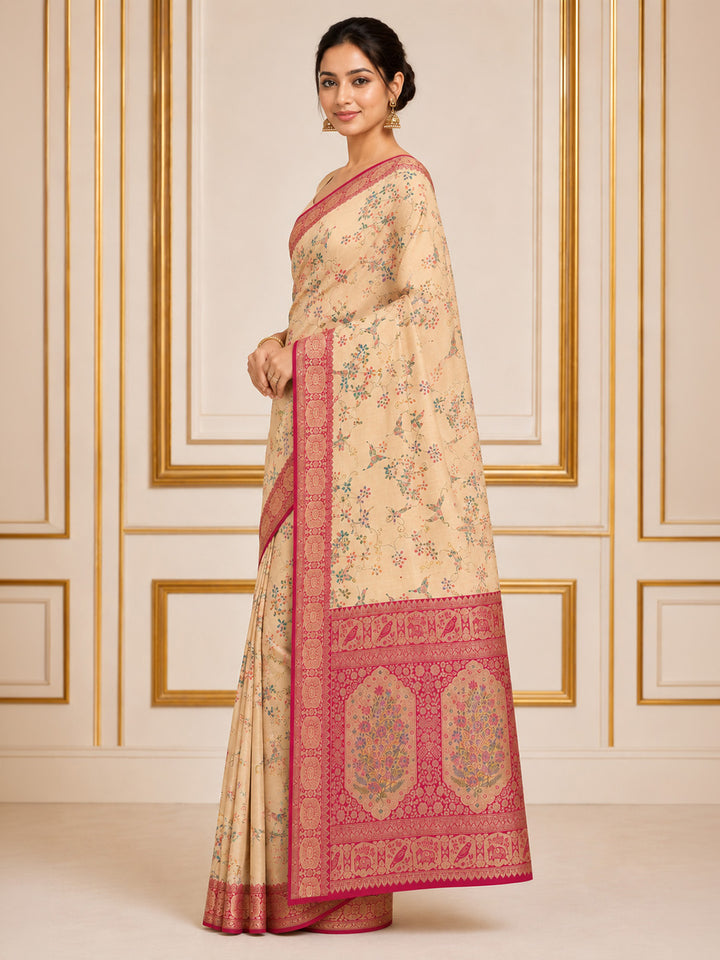 Off White Embroidered Art Silk Saree