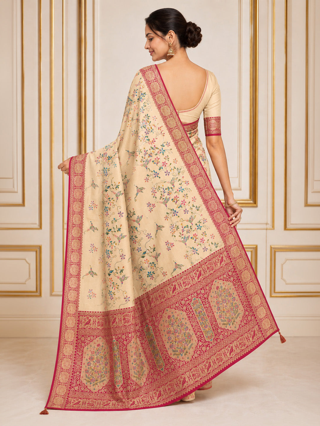 Off White Embroidered Art Silk Saree