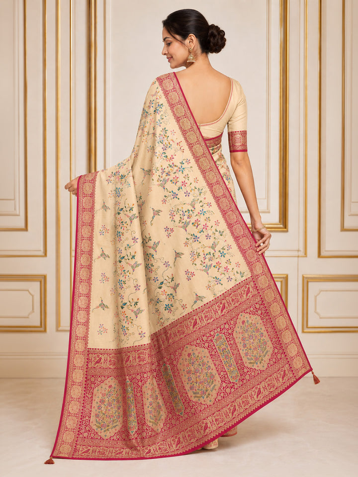 Off White Embroidered Art Silk Saree