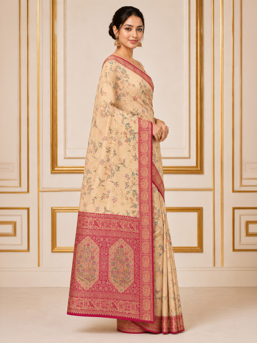 Off White Embroidered Art Silk Saree