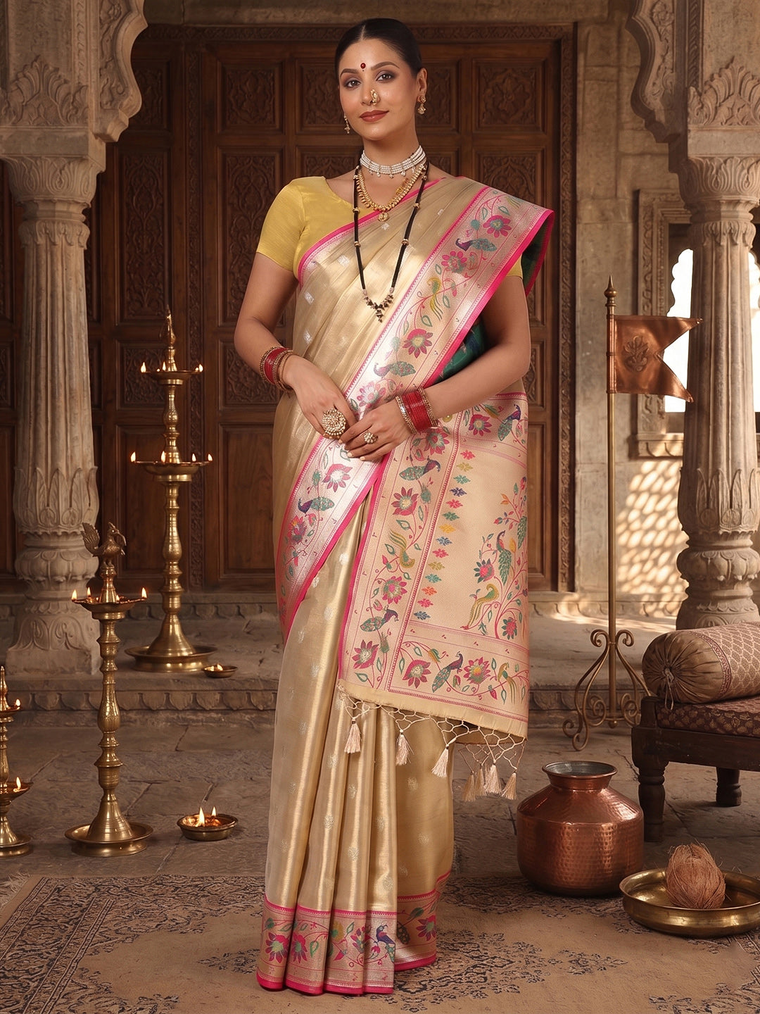 Cream Woven Design Viscoris Saree